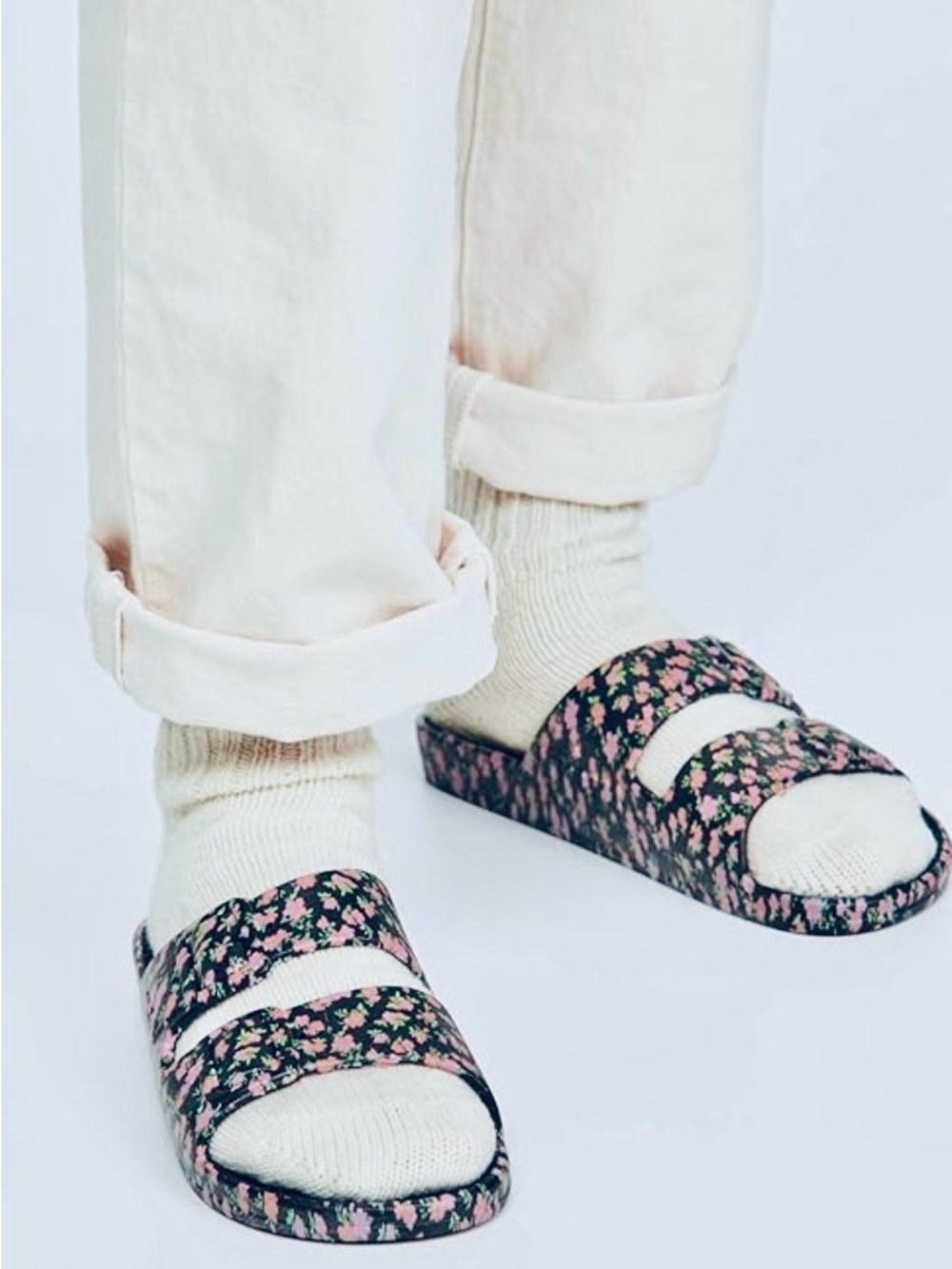 NWT [Freedom Moses] Duel Band Floral Slides Sandals Black/Pink Women’s 11-12 - Picture 2 of 11